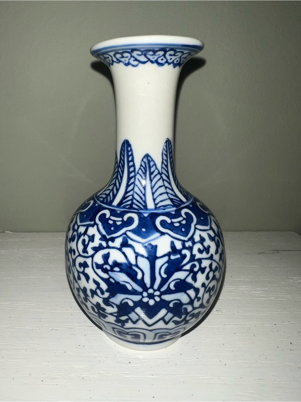 Chinese Blue White Fine Porcelain Bud Vase Lotus Blossoms Leaves Signed